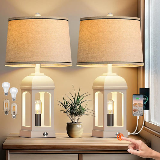 Rustic Farmhouse Table Lamps Set of 2 – USB A+C, Built-in Nightlight, 3-Way Dimmable Touch Lamp Vistaro Home