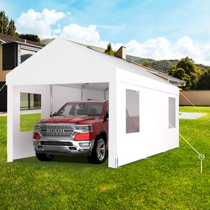10×20 FT Portable Carport Garage | Heavy-Duty Galvanized Steel Frame with 2 Roll-Up Doors & 4 Ventilated Windows — White / Grey