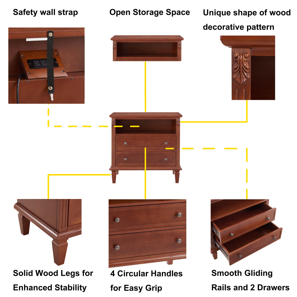 Farmhouse Nightstand with Charging Station | 2 Drawers & Open Shelf | Fluted Side Table with Solid Wood Legs