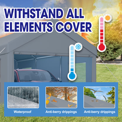 10×20 FT Portable Carport Garage | Heavy-Duty Galvanized Steel Frame with 2 Roll-Up Doors & 4 Ventilated Windows — White / Grey