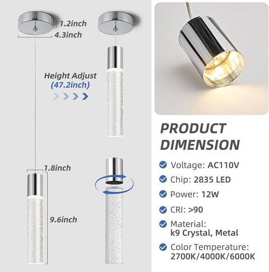 Crystal Pendant Light Fixtures | 3CCT Dimmable LED Mini Island Lights for Kitchen, 9.6" Chrome, 2700K-6000K, ETL Vistaro Home