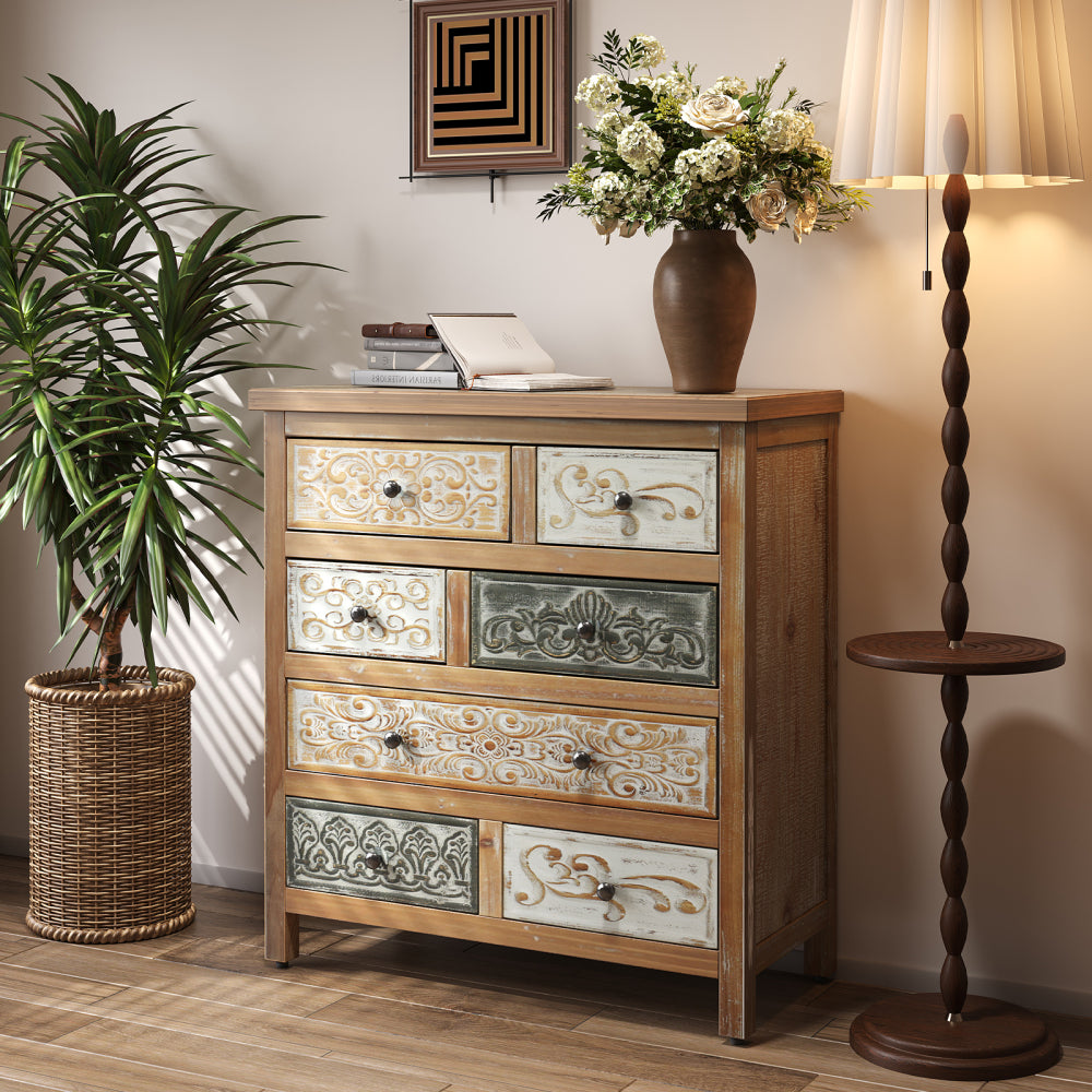 Rustic Farmhouse 6-Drawer Accent Chest – Multicolor Carved Wood, Bedroom & Living Room
