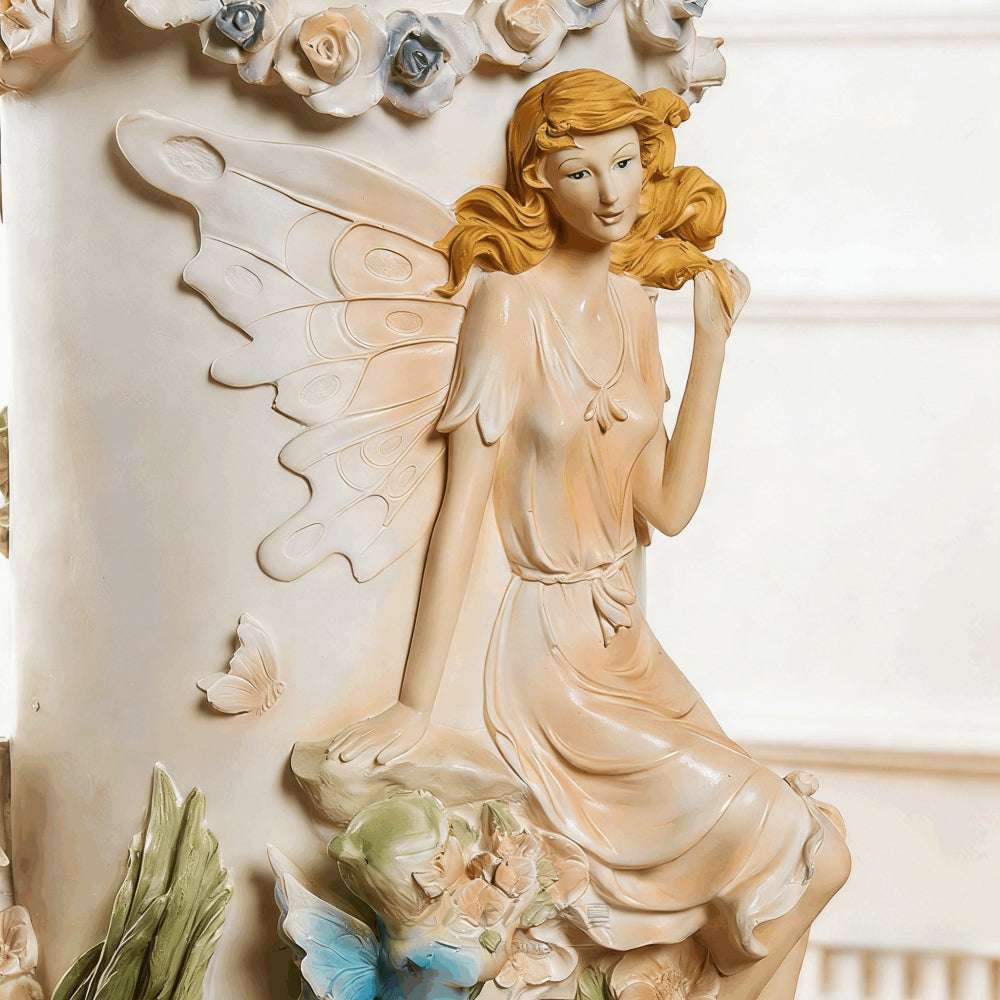 33" Luxury Roman Column Pedestal | Resin Fairy & Floral Relief Pillar Stand — Vintage European Decor for Living Room & Entryway