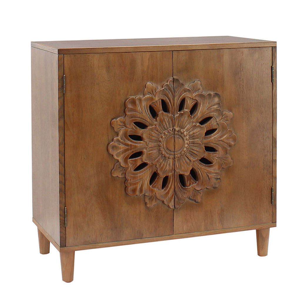 Rustic Hand-Carved 2-Door Accent Cabinet Boho Floral Storage Sideboard with Solid Wood Legs