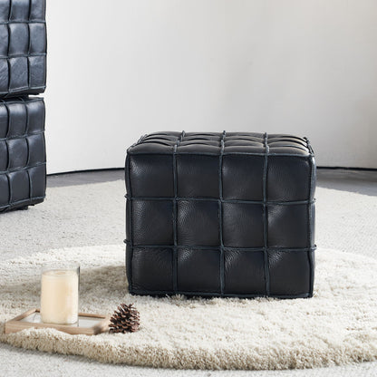 Black Genuine Leather Tufted Ottoman – 17" Square Footstool, Multi-Use, Solid Wood Base