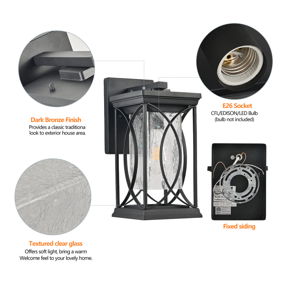 Black Outdoor Wall Lantern with Crackled Glass | 14" Modern Porch Light, E26 Base