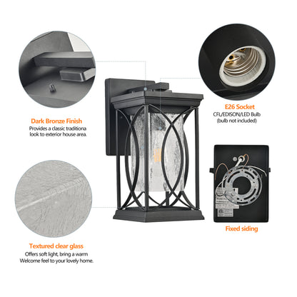 Black Outdoor Wall Lantern with Crackled Glass | 14" Modern Porch Light, E26 Base