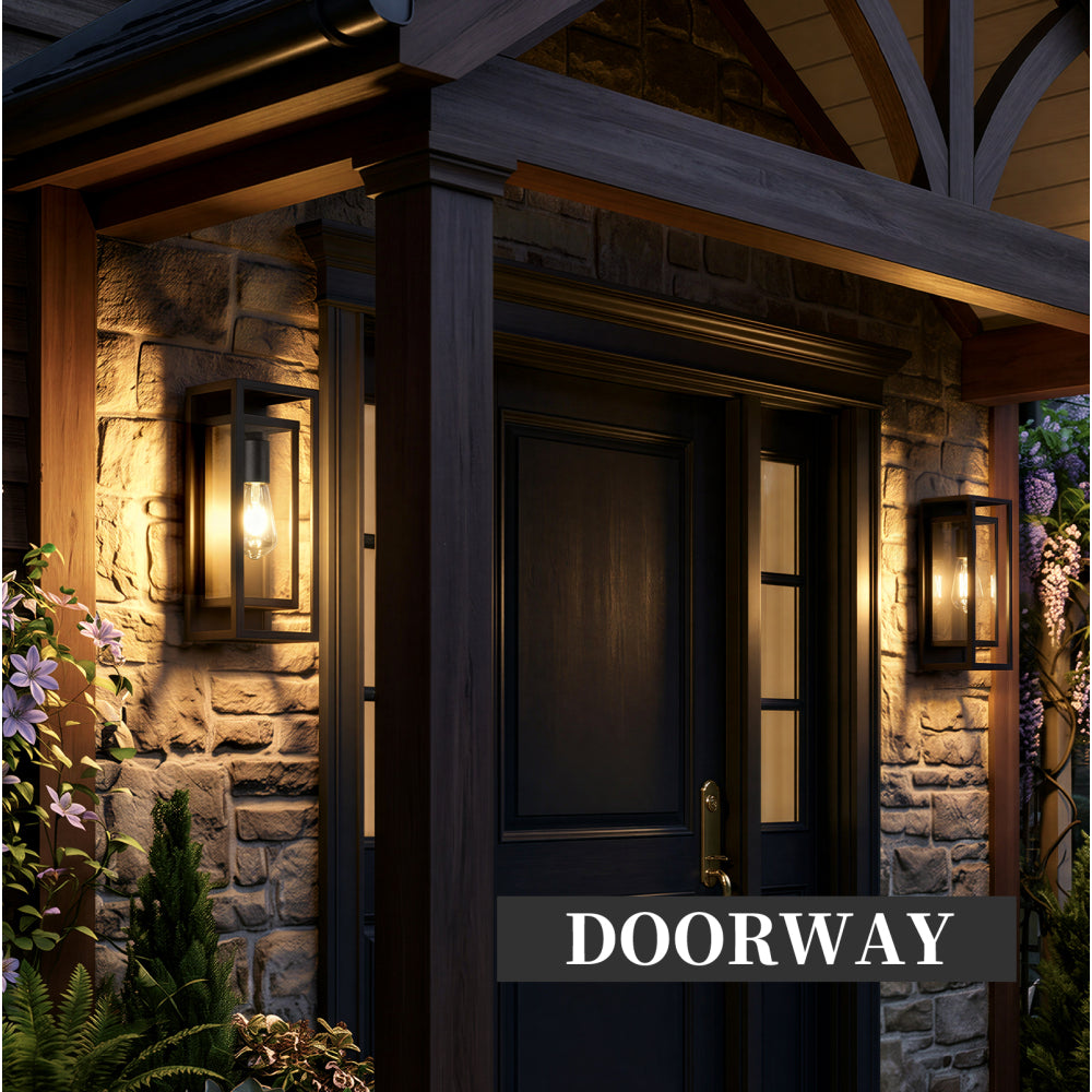 Black Outdoor Wall Lantern | IP65 Waterproof Coach Light with Clear Glass & E26 Socket — 2 Sizes, 2-Pack for Porch, Garage & Front Door
