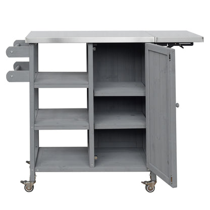 Foldable Outdoor Kitchen Island with Stainless Steel Top | Rolling Cart with Storage Cabinet, Open Shelves & Towel Rack — Grey