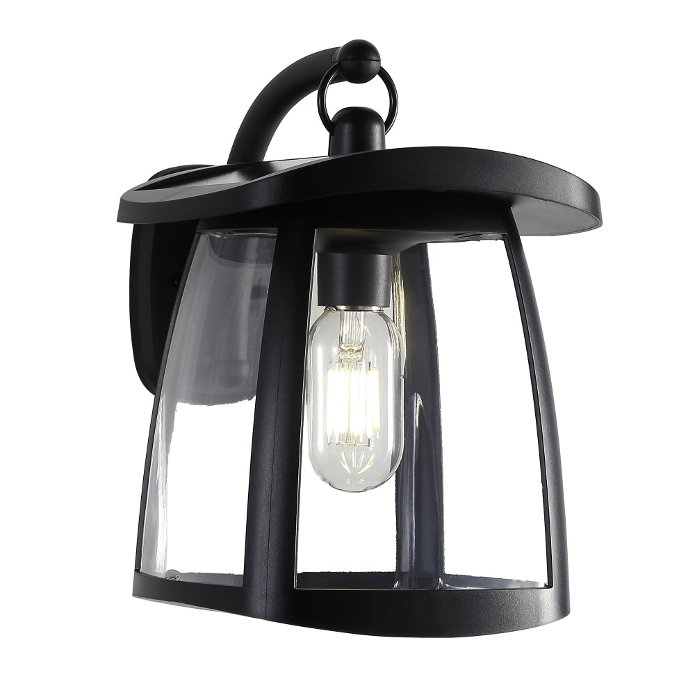 Black solar wall lantern with clear glass panels, dual solar panels, and 4 lighting modes, featuring an Edison-style filament bulb