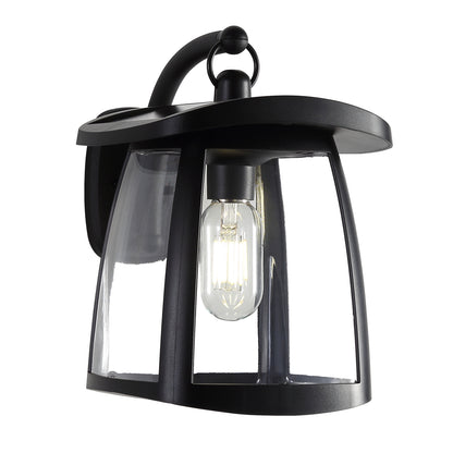 Black solar wall lantern with clear glass panels, dual solar panels, and 4 lighting modes, featuring an Edison-style filament bulb