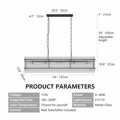 Product parameters diagram for Water Ripple Crystal Glass Chandelier showing dimensions, voltage, power, and material specifications.
