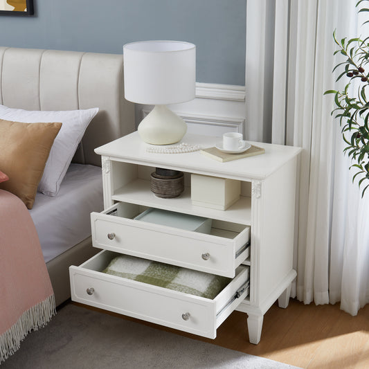 Farmhouse Nightstand with Charging Station | 2 Drawers & Open Shelf | Fluted Side Table with Solid Wood Legs