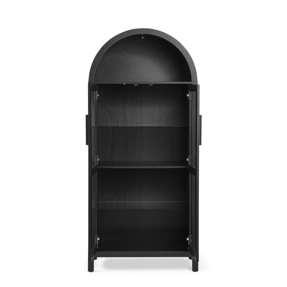 High-Arched Storage Cabinet with LED Light Modern Retro Wood Glass Display Cabinet with Adjustable Shelves Black