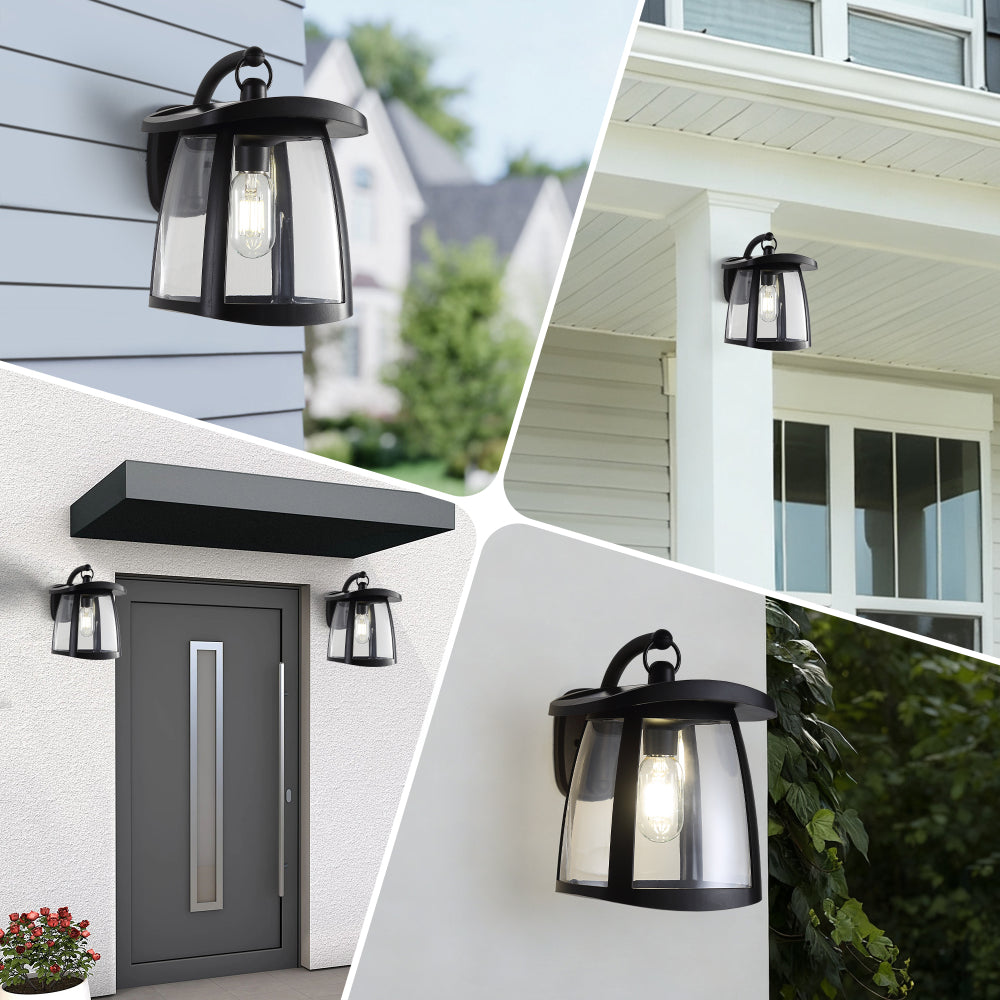 Collage of black solar wall lanterns installed on various home exteriors, including porches and entryways, with clear glass shades.