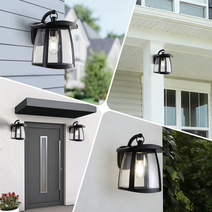 Collage of black solar wall lanterns installed on various home exteriors, including porches and entryways, with clear glass shades.