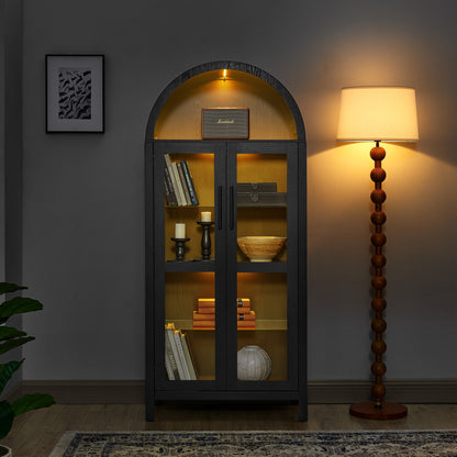 High-Arched Storage Cabinet with LED Light Modern Retro Wood Glass Display Cabinet with Adjustable Shelves Black Black