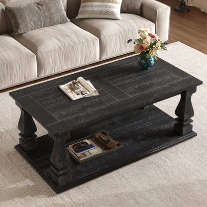 Farmhouse Coffee Table with Storage Shelf 47" Rustic Solid Wood Planked Top & Square Baluster Legs