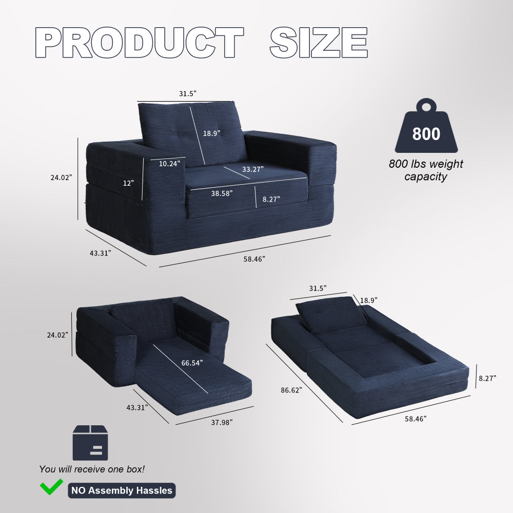 3-in-1 Floor Sofa Bed for Humans & Pets | No-Assembly Corduroy Lounger with Memory Foam & Pillow — Dark Blue