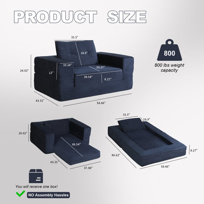 3-in-1 Floor Sofa Bed for Humans & Pets | No-Assembly Corduroy Lounger with Memory Foam & Pillow — Dark Blue