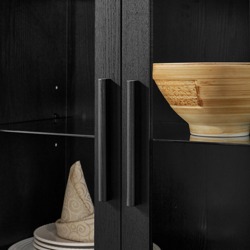 High-Arched Storage Cabinet with LED Light Modern Retro Wood Glass Display Cabinet with Adjustable Shelves Black