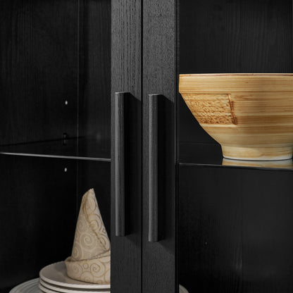 High-Arched Storage Cabinet with LED Light Modern Retro Wood Glass Display Cabinet with Adjustable Shelves Black