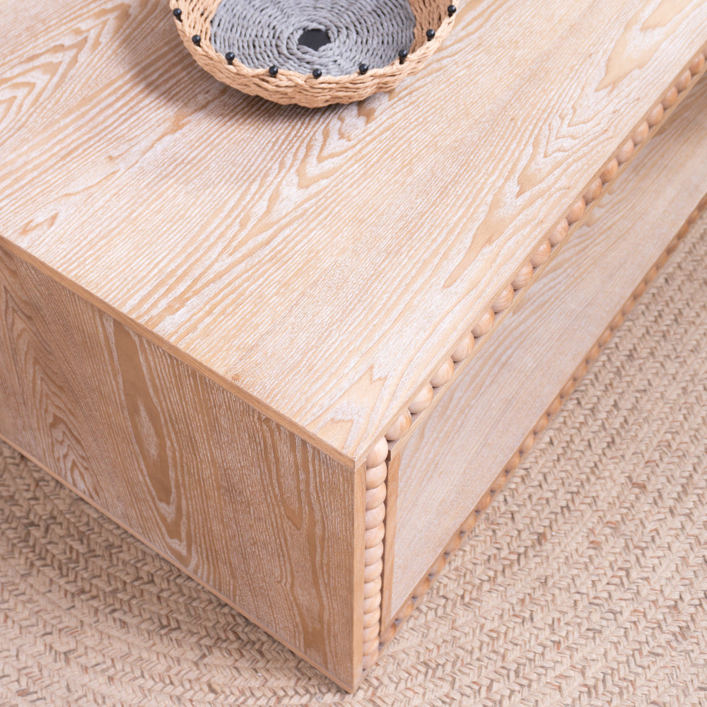 Rustic Beaded Edge Coffee Table with Open Storage Shelf | 47.6" Farmhouse Center Table — Natural Wood Finish