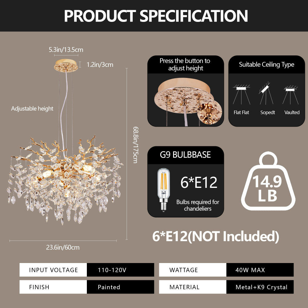 Gold Tree Branch Crystal Chandelier product specs: 68.8in height, 23.6in width, metal/K9 crystal, G9 bulb base, adjustable height.
