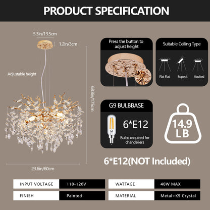 Gold Tree Branch Crystal Chandelier product specs: 68.8in height, 23.6in width, metal/K9 crystal, G9 bulb base, adjustable height.