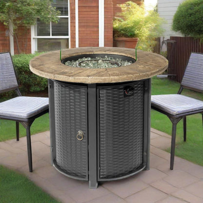 30" Propane Fire Pit Table | 50,000 BTU Round Steel Fire Pit with Wood-Grain Finish & Glass Stones