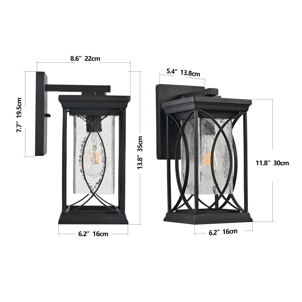 Black Outdoor Wall Lantern with Crackled Glass | 14" Modern Porch Light, E26 Base