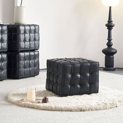 Black Genuine Leather Tufted Ottoman – 17" Square Footstool, Multi-Use, Solid Wood Base