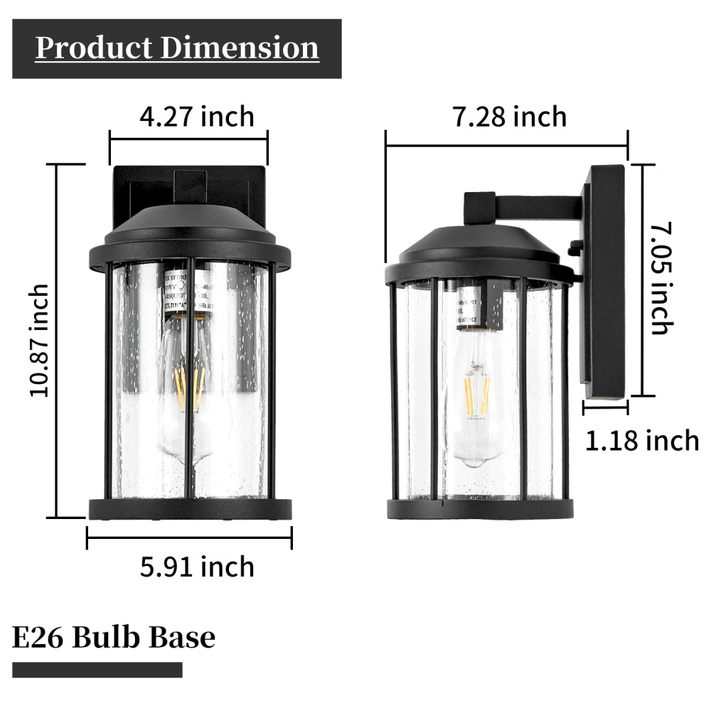 Outdoor Wall Sconces 2 Pack – Black Exterior Light Fixtures with Seeded Glass