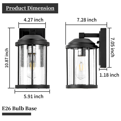 Outdoor Wall Sconces 2 Pack – Black Exterior Light Fixtures with Seeded Glass
