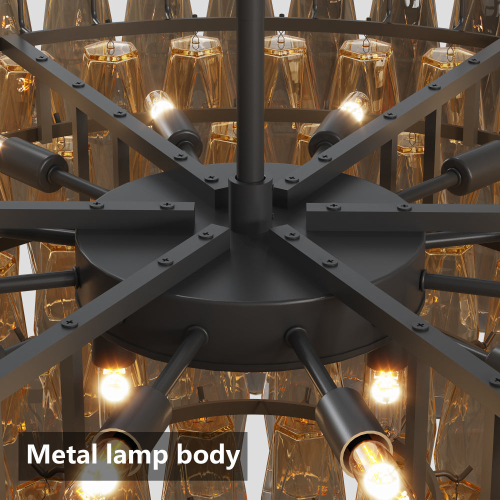 Close-up of tiered smoke glass chandelier's black metal frame and illuminated bulbs