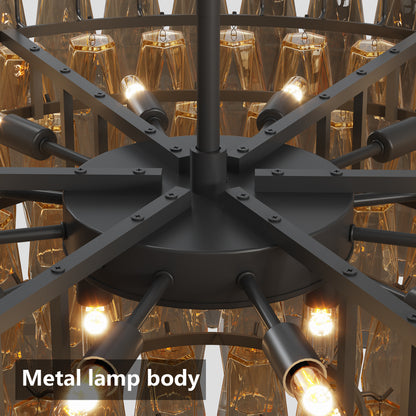 Close-up of tiered smoke glass chandelier's black metal frame and illuminated bulbs