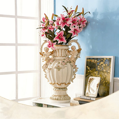 28.35" European Angel Cupid Floor Vase | Baroque Resin Decorative Vase with Gold Trim & Cherub Handles — Luxury Home Decor