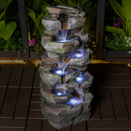 Rock Waterfall Outdoor Fountain with LED Lights | Cascading Tiered Resin Garden Fountain for Patio, Backyard & Lawn