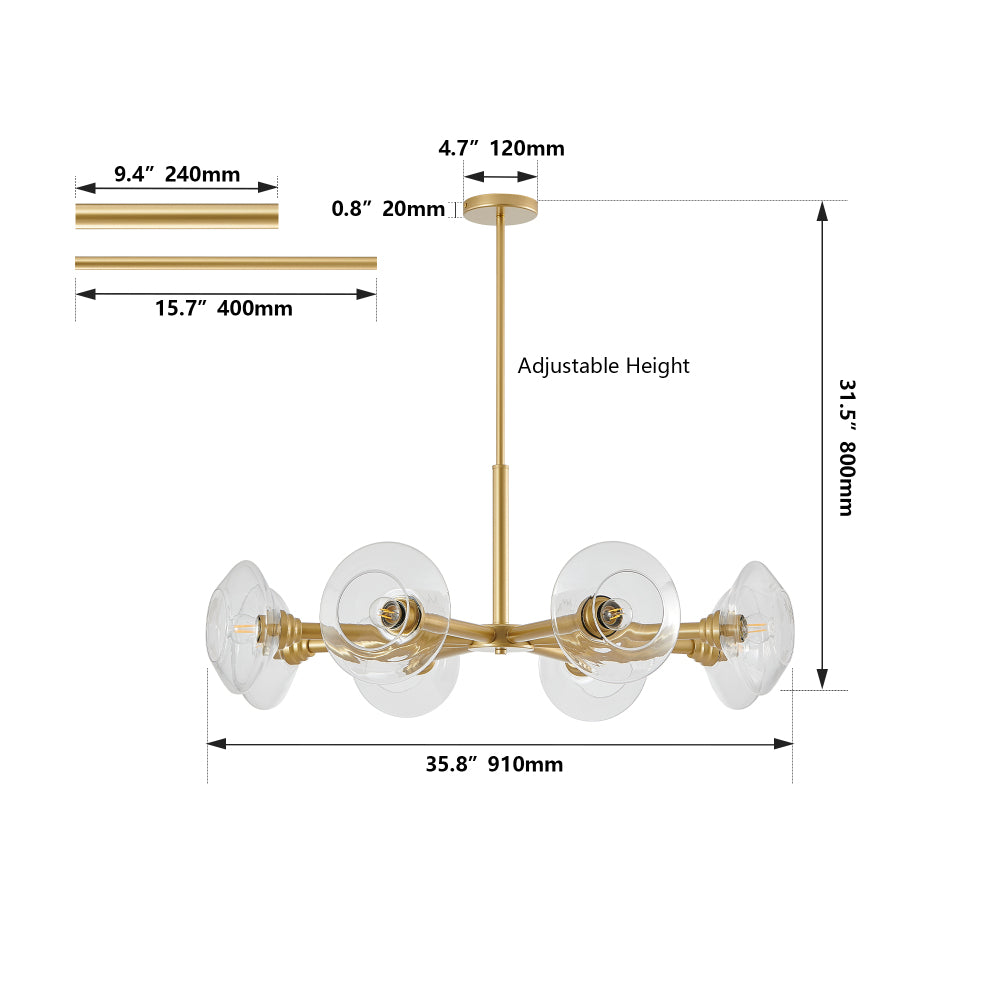 Gold sputnik chandelier dimensions: 35.8" wide, 31.5" tall, adjustable height, 8 clear glass shades