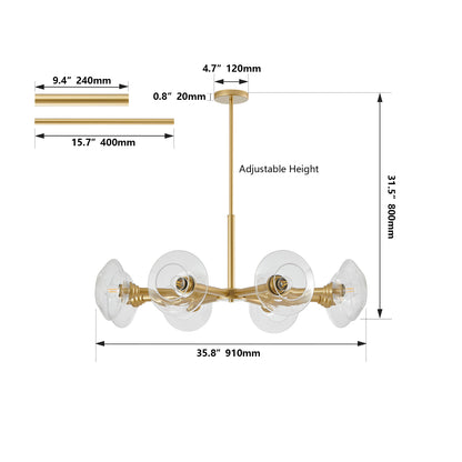 Gold sputnik chandelier dimensions: 35.8" wide, 31.5" tall, adjustable height, 8 clear glass shades
