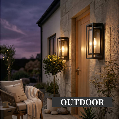 Black Outdoor Wall Lantern | IP65 Waterproof Coach Light with Clear Glass & E26 Socket — 2 Sizes, 2-Pack for Porch, Garage & Front Door
