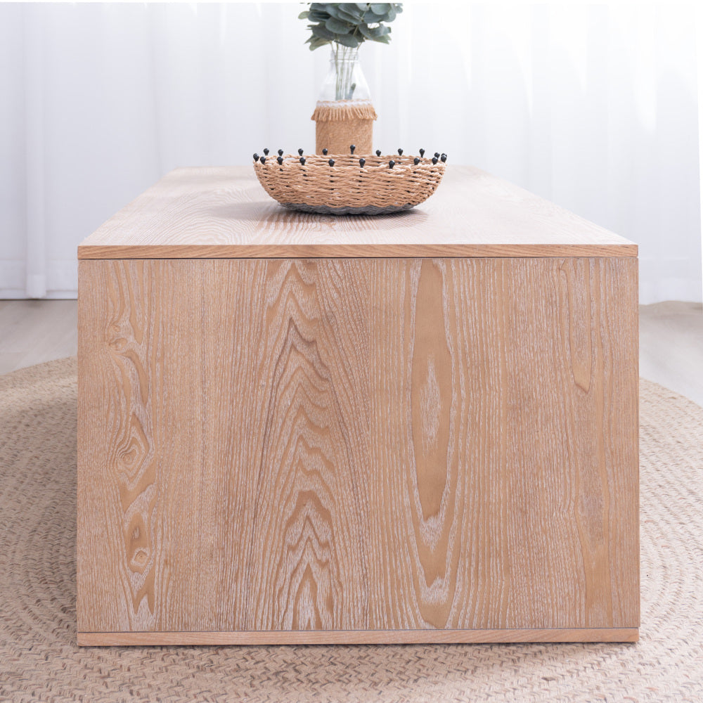 Rustic Beaded Edge Coffee Table with Open Storage Shelf | 47.6" Farmhouse Center Table — Natural Wood Finish