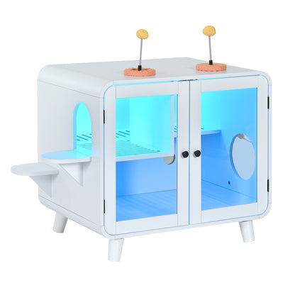 Hidden Cat Litter Box Cabinet – RGB LED, Glass Doors, Litter Walkway & Pom-Pom Toys, White
