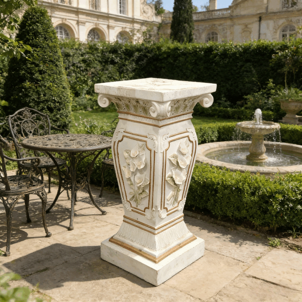 22" European Floral Roman Column Pedestal | Resin Carved Ionic Pillar Display Stand — Indoor & Outdoor Garden & Home Decor