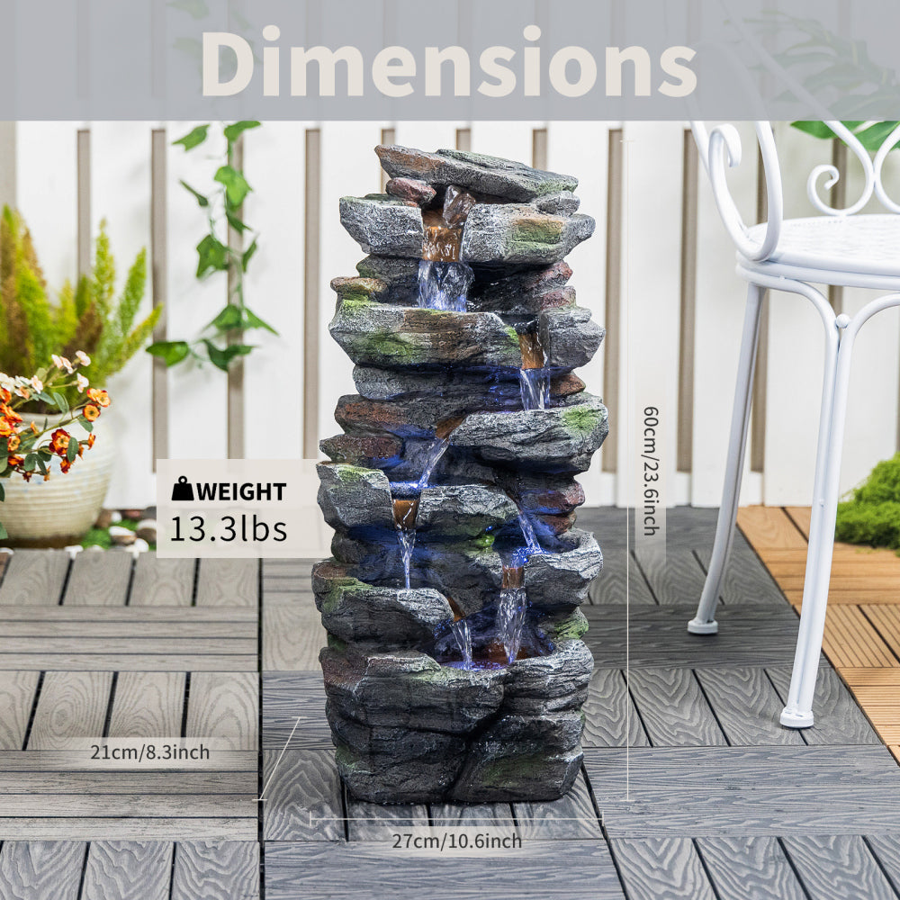 Rock Waterfall Outdoor Fountain with LED Lights | Cascading Tiered Resin Garden Fountain for Patio, Backyard & Lawn