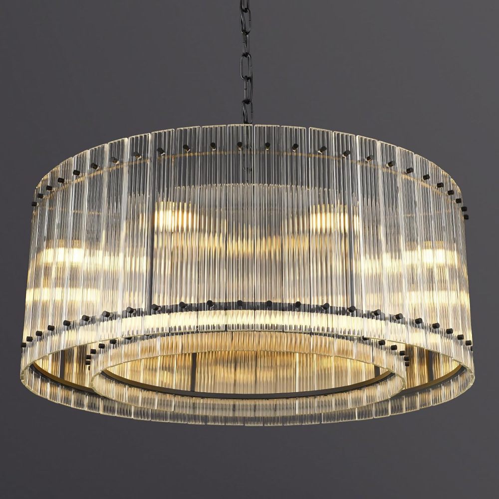 Round crystal glass chandelier with water ripple design, black metal frame, modern handmade fixture.