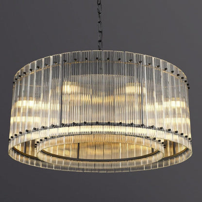 Round crystal glass chandelier with water ripple design, black metal frame, modern handmade fixture.