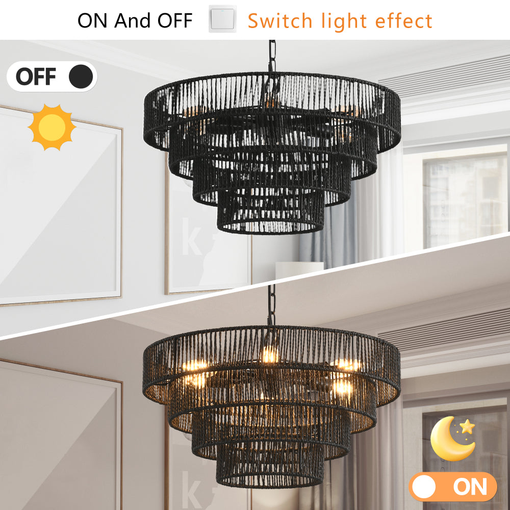 Rustic hemp rope chandelier shown on and off, highlighting warm light effect when lit.