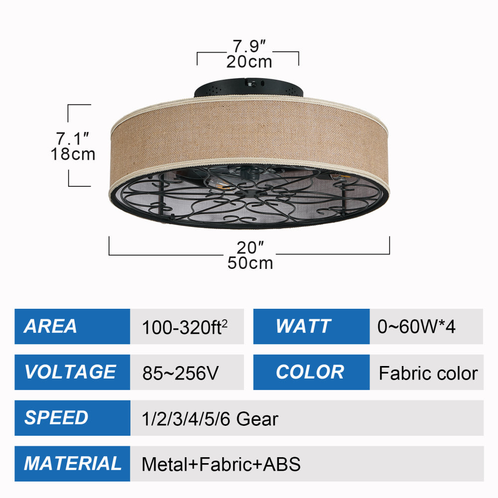 20" Caged Ceiling Fan with LED Light & Remote – Linen Fabric Shade, 6 Speeds, Reversible DC Motor | Farmhouse Flush Mount