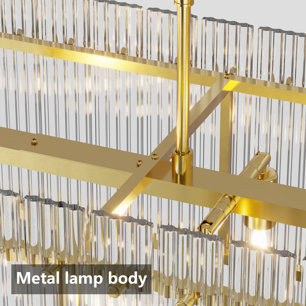 Gold metal frame and structure of Water Ripple Crystal Glass Chandelier with corrugated glass panels.